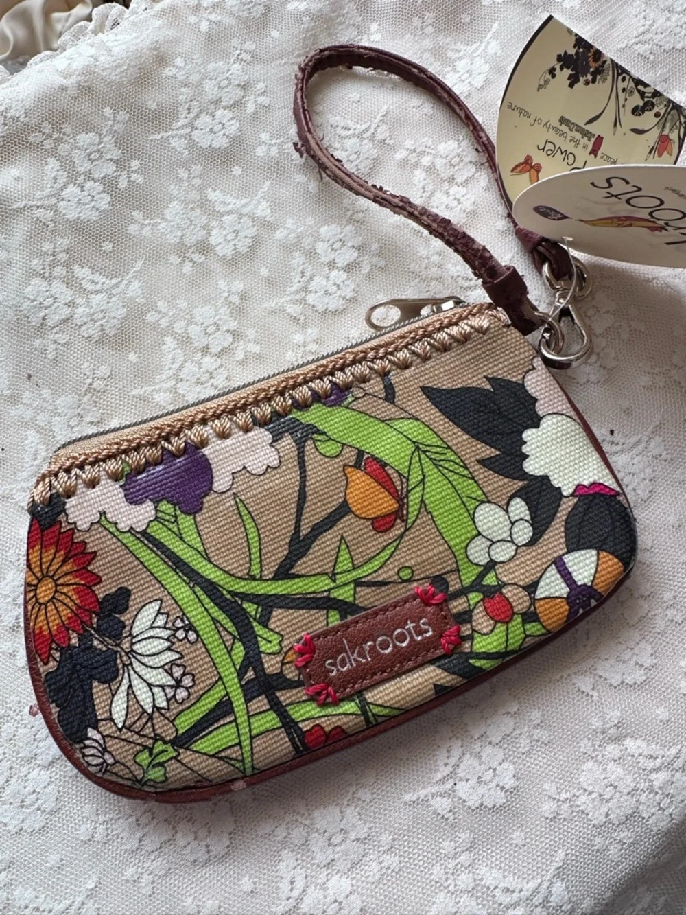 Sakroots ⚠️ Floral Wristlet Coin Purse - Brown & Pink 7 x 4 1/2 READ BELOW ⚠️